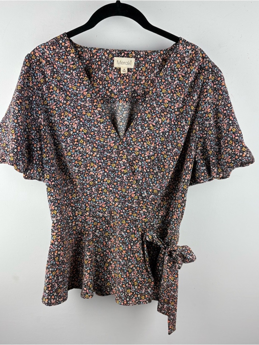 Anthropologie Meraki Floral Wrap Blouse Shirt Boho Cottagecore Bow Preppy Sz M
